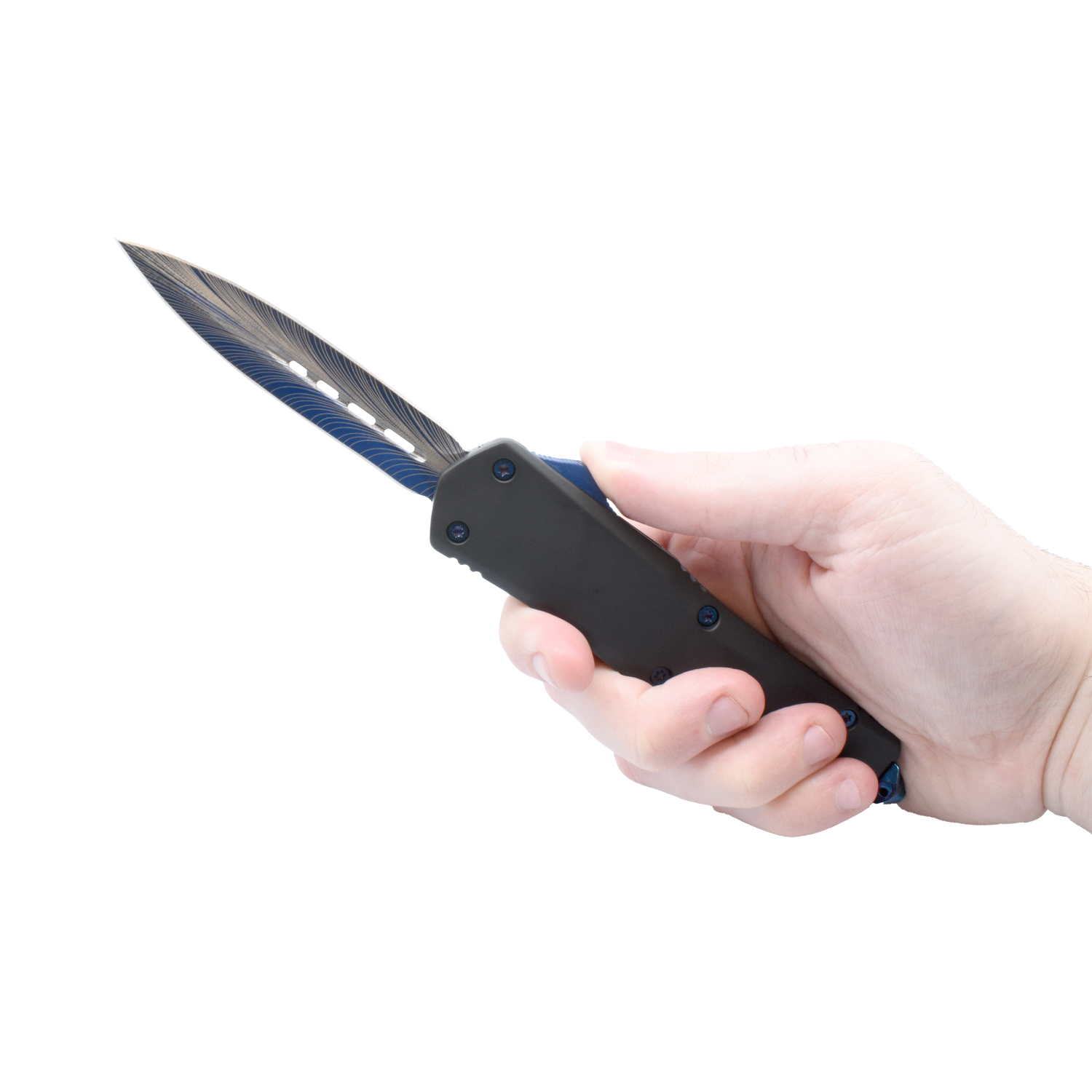 Double Edge Damascus Automatic OTF Knife w/ Belt Clip - Image 3