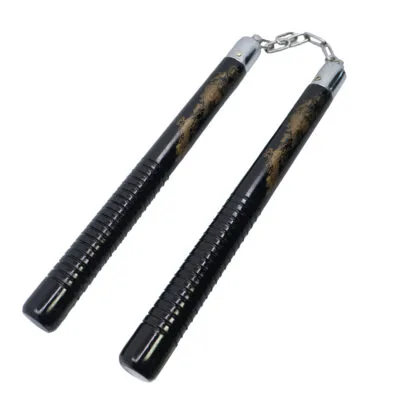 12" Black Wood Nunchucks with Dragon